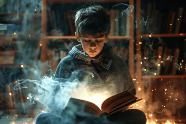 Un ragazzino immerso in un libro in un ambiente magico e luminoso.