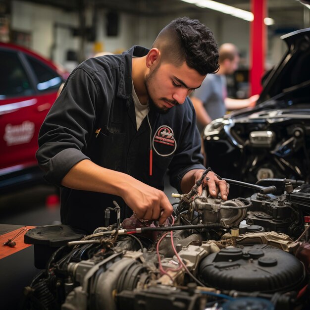 Un ragazzino impara a riparare un motore Un apprendista impara il mestiere Concetto di lavoro e apprendimento