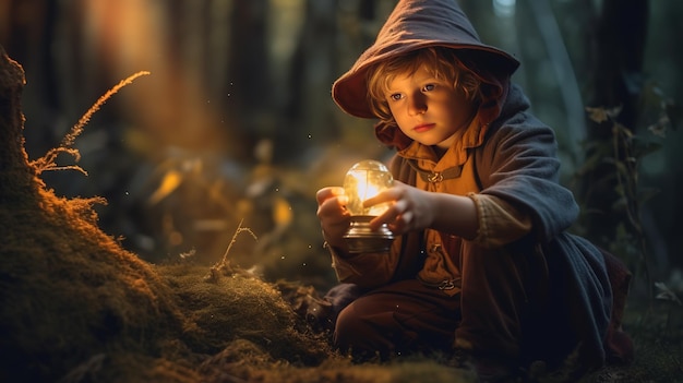 Un ragazzino in un cappuccio tiene una lanterna in una foresta.