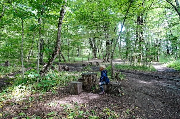 Un ragazzino in una pittoresca foresta sulla strada per il reggimento dell'aquila Mezmai 2021