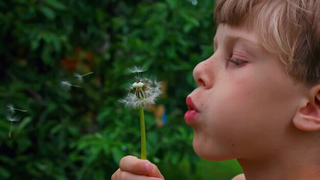 Un ragazzino in una radura creativo un bambino piccolo con i capelli castani che si siede nell'erba verde e soffia