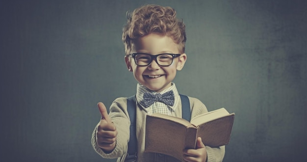Un ragazzino intelligente con gli occhiali e un vestito tiene un libro aperto e dà un pollice in su generato dall'AI