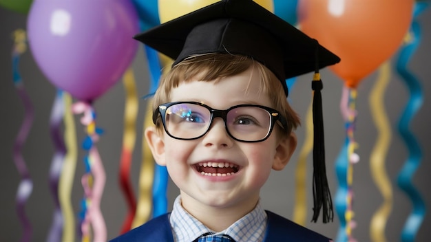 Un ragazzino orgoglioso con gli occhiali e il berretto da laurea.