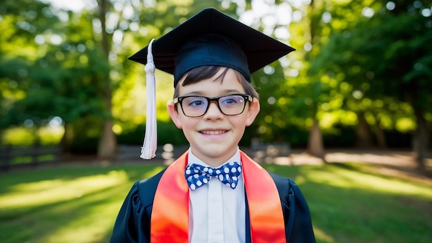 Un ragazzino orgoglioso con gli occhiali e il berretto da laurea.