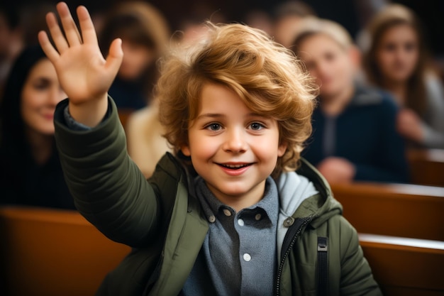 Un ragazzino saluta la folla in un evento pubblico AI generativa