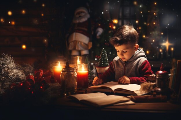 Un ragazzino scrive una lettera con gli auguri a Babbo Natale circondato da decorazioni natalizie