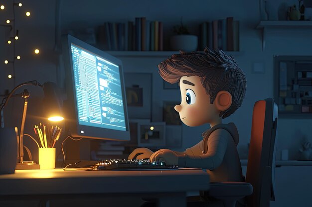 Un ragazzino seduto a una scrivania davanti a un computer