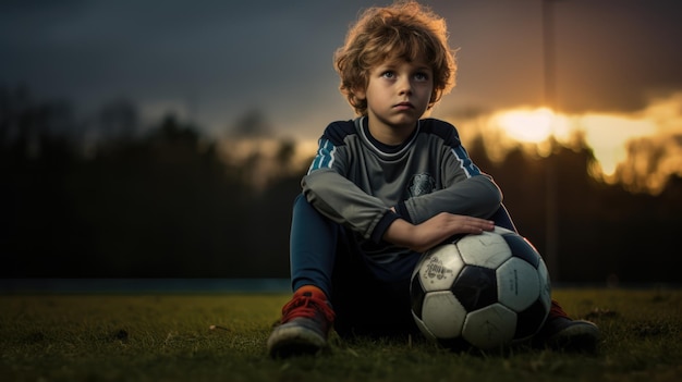 Un ragazzino si siede a terra con una palla da calcio uno scolaretto che si riposa dopo un gioco generato da AI