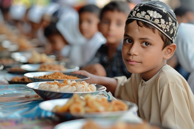 Un ragazzino si siede a un tavolo circondato da piatti di cibo esaminando con entusiasmo il delizioso pasto davanti a lui