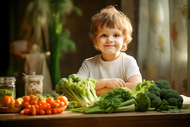 Un ragazzino si siede al tavolo davanti a lui verdure broccoli carote pomodori cavoli