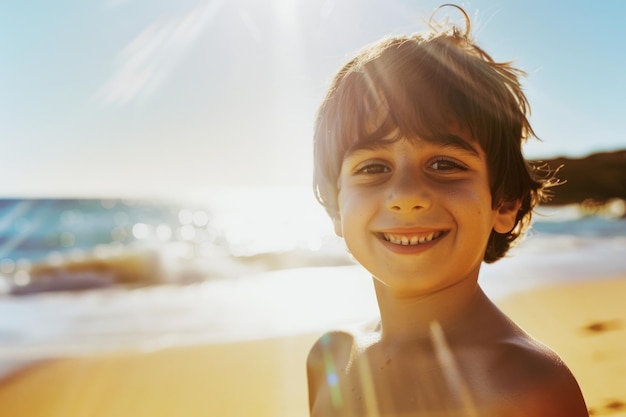 Un ragazzino si trova con fiducia in cima a una spiaggia sabbiosa a fissare la vasta distesa della riva con un sorriso sul viso