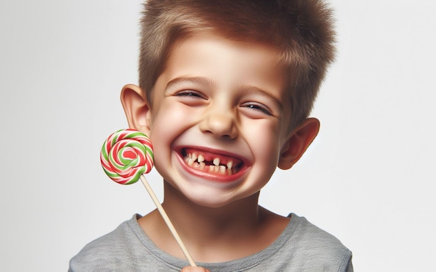 Un ragazzino sorride con i denti marci tenendo un lecca-lecca in mano il sorriso di un bambino con poveri