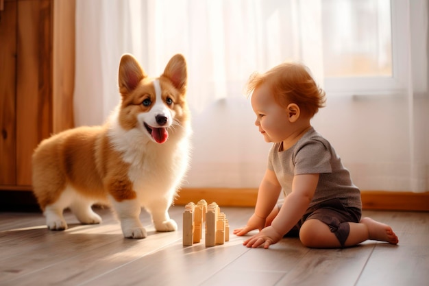 un ragazzino sorridente che gioca sul pavimento con un cucciolo di corgi amici felici