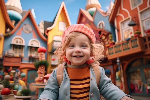 un ragazzino sorridente sorpreso in un mondo immaginario con case colorate