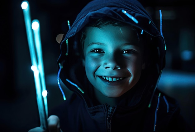 Un ragazzino sorridente tiene in mano un bastone luminoso generato