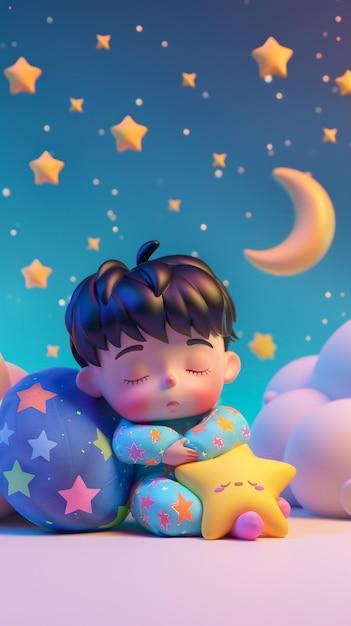 un ragazzino sta dormendo nelle nuvole con una luna sullo sfondo