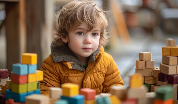 un ragazzino sta giocando con i blocchi da costruzione