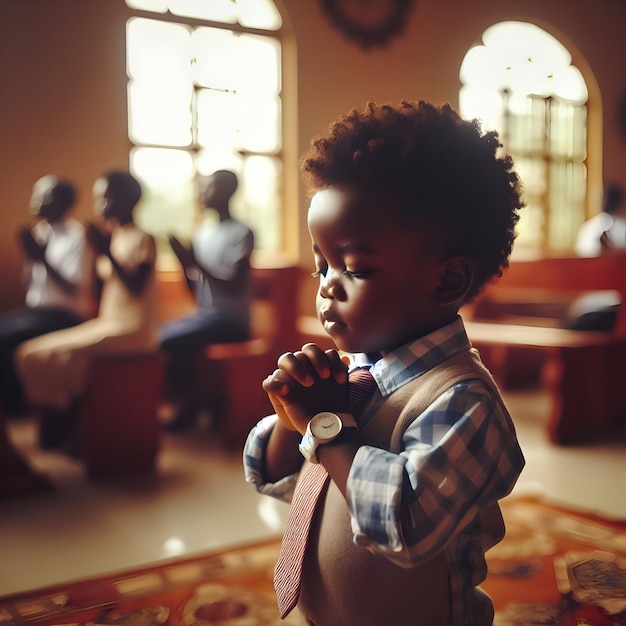 un ragazzino sta pregando in una chiesa con altre persone sullo sfondo