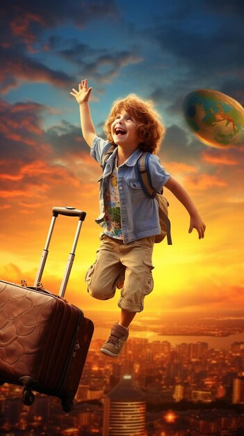 un ragazzino sta saltando con una valigia e una valigia con un globo sullo sfondo