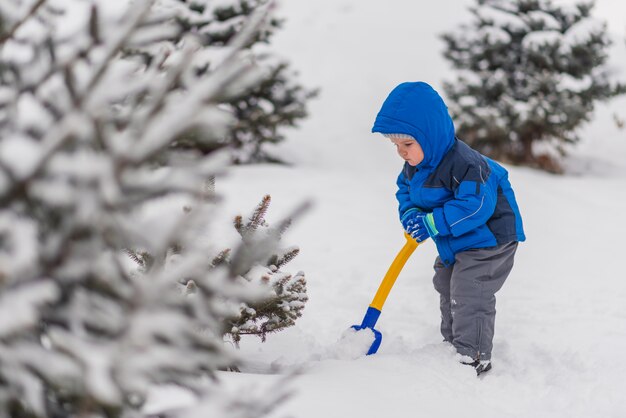 Un ragazzino sta scavando la neve con una pala in inverno.