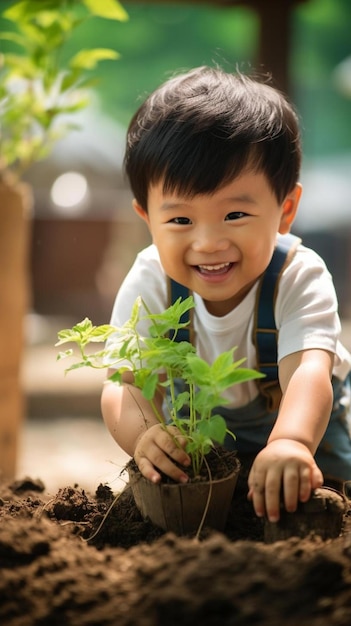 un ragazzino sta sorridendo e tiene una pianta in mano