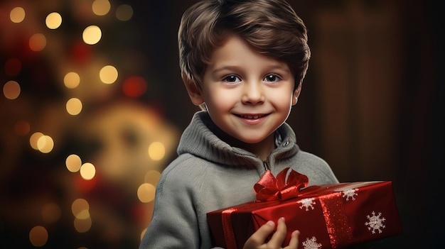 Un ragazzino tiene in mano una scatola di regali con un regalo di Natale o di Capodanno