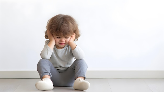 Un ragazzino triste con un trauma mentale seduto sul pavimento.