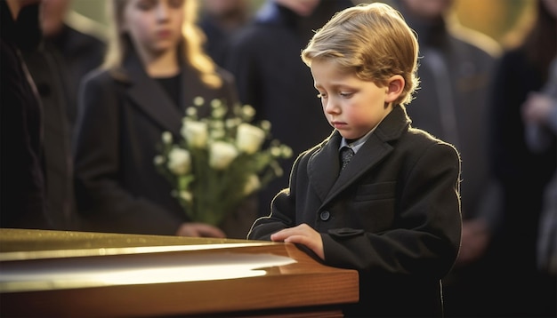 Un ragazzino triste in piedi davanti a una bara decorata con fiori per il funerale Un bambino al cimitero