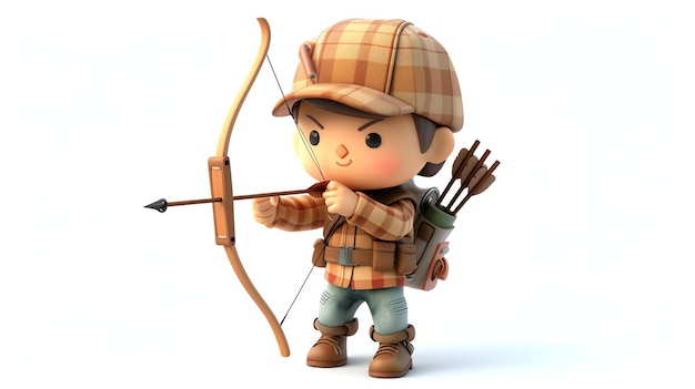 Un ragazzino vestito con un abito da caccia marrone sta puntando il suo arco e la sua freccia indossa un cappello marrone una camicia marrone e stivali marroni