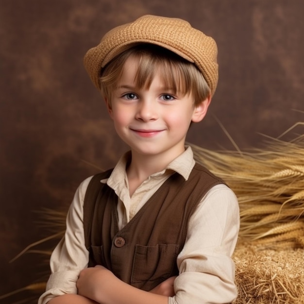 Un ragazzino vestito da contadino con un cappello e un cappello beige siede davanti alle balle di fieno