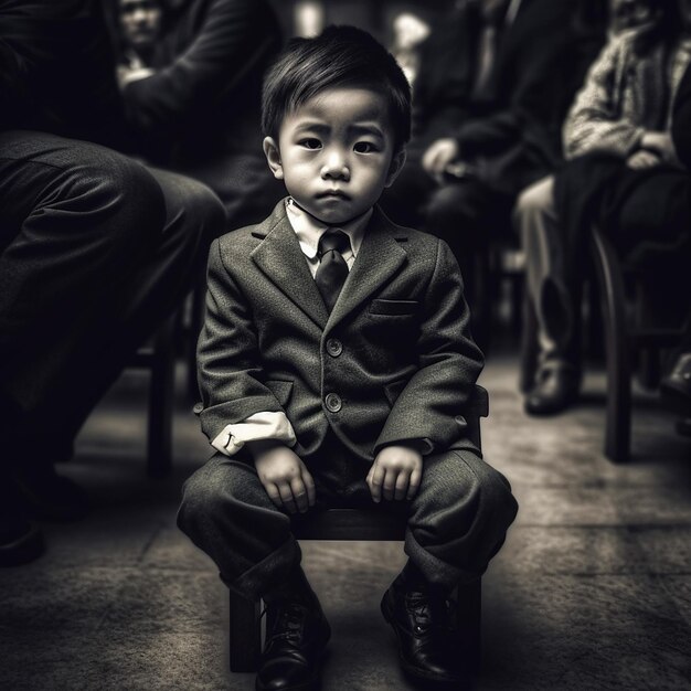 Un ragazzino vestito in abito è seduto su una sedia in postura formale sembra attento e concentrato