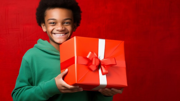 Un ragazzo afro tiene un regalo su uno sfondo rosso isolato Un ragazzo con un maglione verde tiene una scatola regalo