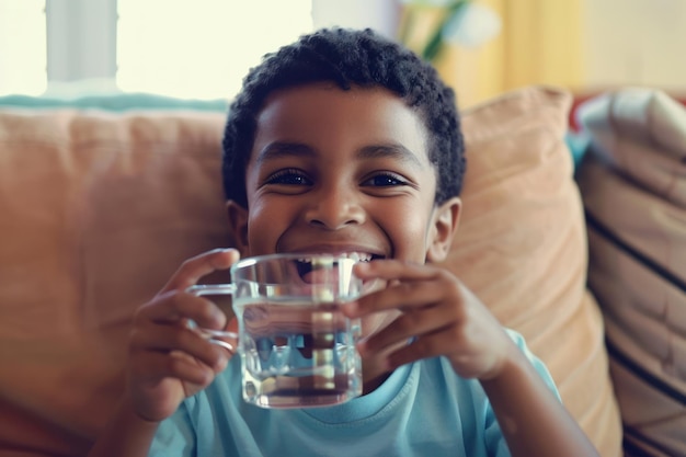 Un ragazzo afroamericano felice con un bicchiere d'acqua sul divano.