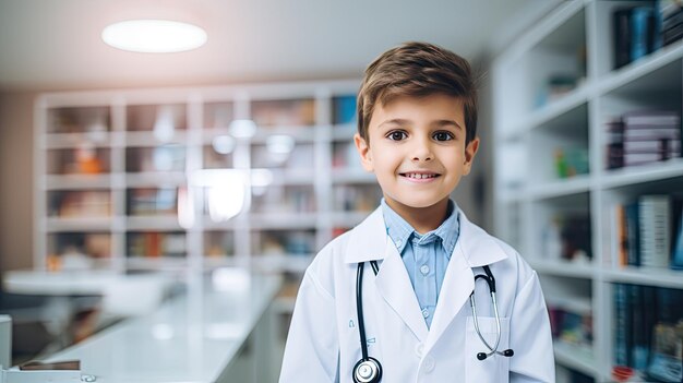 Un ragazzo allegro in una stanza d'ospedale vestito come un dottore.