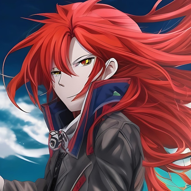 Un ragazzo anime con lunghi capelli rossi fluenti e uno sguardo determinato