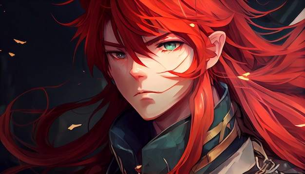 Un ragazzo anime con lunghi capelli rossi