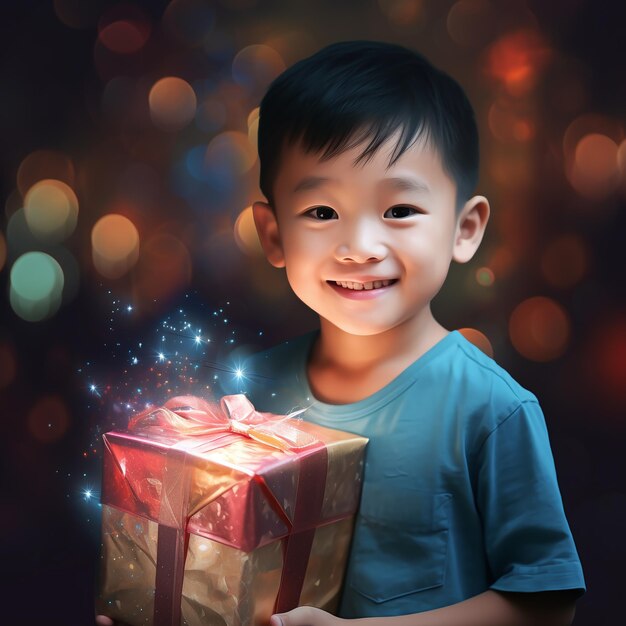 Un ragazzo asiatico felice e sorridente con un dono.