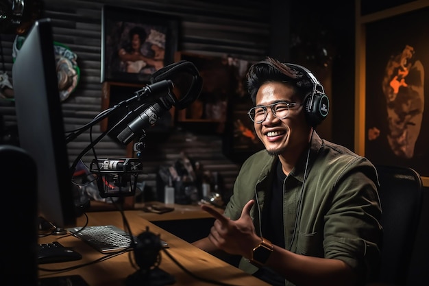 un ragazzo asiatico nello studio del podcast