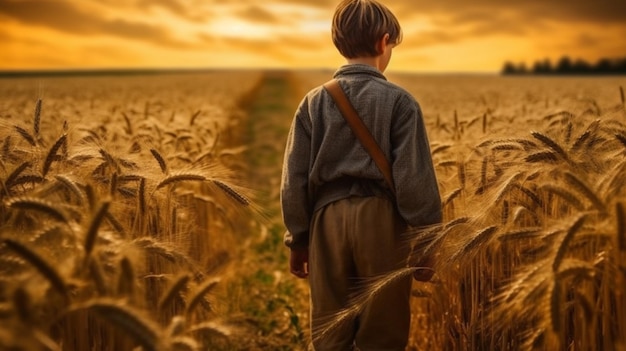 Un ragazzo attraversa un campo di grano.