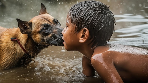 Un ragazzo bacia un cane in un fiume.