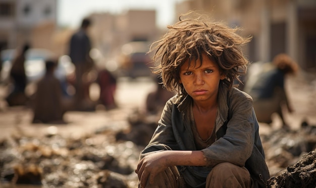 Un ragazzo bagnato e spaventato si siede in mezzo alle rovine dell'alluvione di Derna una storia di innocenza perduta nella città inondata