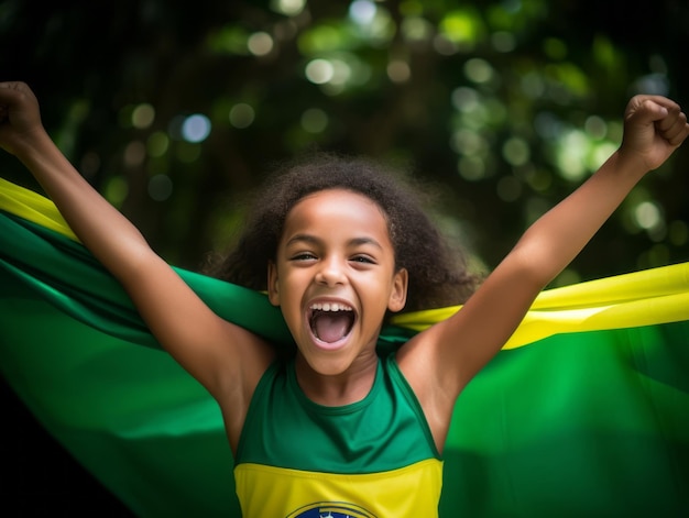 Un ragazzo brasiliano celebra la vittoria della sua squadra di calcio