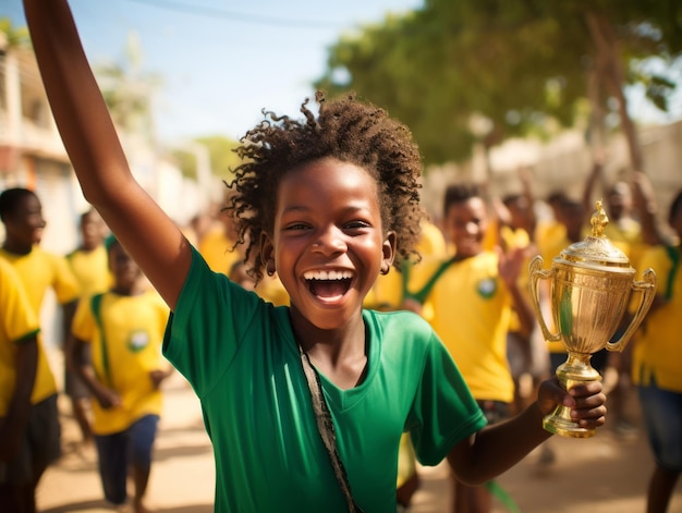 Un ragazzo brasiliano celebra la vittoria della sua squadra di calcio