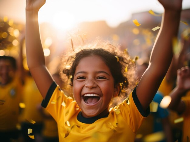 Un ragazzo brasiliano celebra la vittoria della sua squadra di calcio