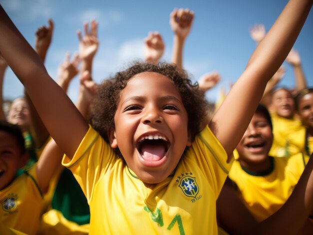 Un ragazzo brasiliano celebra la vittoria della sua squadra di calcio