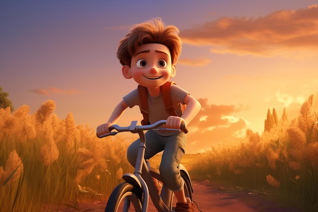 Un ragazzo carino che va in bicicletta al tramonto