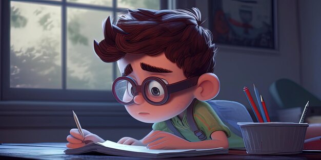 Un ragazzo carino con gli occhiali che legge un libro Lo studente sta svolgendo il compito