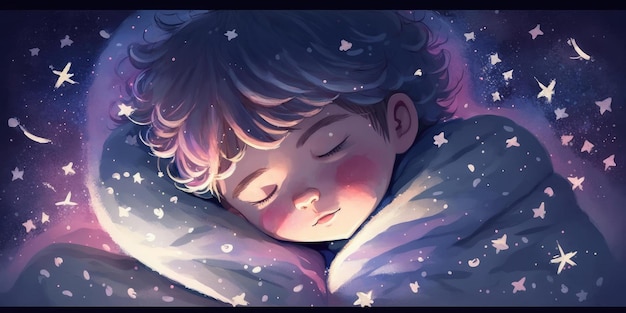 Un ragazzo carino e adorabile dorme sotto il cielo notturno tra il cuscino delle stelle