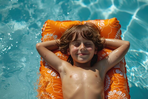 Un ragazzo carino e felice che si riposa sul tappetino della piscina.