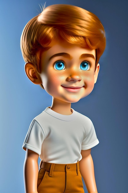 Un ragazzo cartone animato con gli occhi azzurri è in piedi davanti a uno sfondo blu.